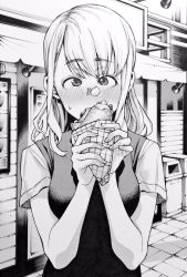 Rule 34 | 1girl, bad id, bad twitter id, blonde hair, blush, canopy, commentary request, crepe, eating, food, food on face, greyscale, highres, medium hair, monochrome, nakajima ryou, original, outdoors, sidewalk, solo, trash can, upper body, vest