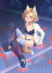 Rule 34 | 1girl, animal ears, black-framed eyewear, blonde hair, blue thighhighs, breasts, earrings, fox ears, fox tail, full body, glasses, highres, jewelry, looking at viewer, navel, open clothes, open shirt, original, red eyes, round eyewear, salmon88, shirt, short hair, sitting, solo, tail, thighhighs