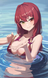 Rule 34 | 1girl, bikini, breasts, closed mouth, gold trim, hair down, heterochromia, highres, hololive, houshou marine, houshou marine (summer), large breasts, long hair, looking at viewer, navel, open hand, partially submerged, pulled by self, red bikini, red eyes, red hair, reulem, smile, solo, strap pull, swimsuit, upper body, very long hair, virtual youtuber, water, wet, yellow eyes
