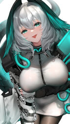 Rule 34 | 1girl, :p, arknights, arm under breasts, black pantyhose, blush, breasts, fingerless gloves, gloves, green eyes, grey hair, highres, ho&#039;olheyak (arknights), large breasts, liu liaoliao, long hair, long sleeves, looking at viewer, pantyhose, simple background, smile, solo, tail, tongue, tongue out, white background, white gloves