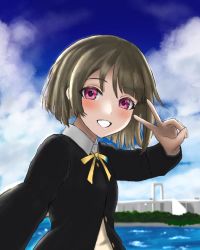 Rule 34 | 1girl, absurdres, artist name, artist request, black jacket, blue sky, blush, bow, bowtie, breasts, bridge, brown hair, buttons, cardigan, cloud, collared shirt, day, female focus, grey hair, highres, jacket, light brown hair, long sleeves, looking at viewer, love live!, love live! nijigasaki high school idol club, nakasu kasumi, neck ribbon, nijigasaki academy school uniform, outdoors, parted lips, pink eyes, purple eyes, ribbon, school uniform, shirt, short hair, sky, small breasts, smile, solo, sweater, sweater vest, teeth, upper body, v, v over eye, vest, white shirt, yellow bow, yellow cardigan, yellow ribbon, yellow sweater