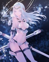 Rule 34 | 1girl, bare shoulders, bikini, breasts, byuura (sonofelice), cleavage, elbow gloves, fate/grand order, fate (series), galatea (fate), gloves, halterneck, joints, long hair, looking at viewer, medium breasts, navel, pale skin, parted bangs, polearm, robot joints, solo, swimsuit, thighhighs, thighs, tiara, weapon, white bikini, white eyes, white gloves, white hair, white thighhighs