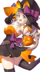 Rule 34 | 1girl, absurdres, animal ears, arukiru, black gloves, black skirt, black thighhighs, breasts, brown hair, candy, cleavage, commentary, english commentary, food, gloves, halloween, highres, jack-o&#039;-lantern, large breasts, long hair, looking at viewer, open mouth, original, simple background, skirt, solo, standing, standing on one leg, thighhighs, white background, yellow eyes, zettai ryouiki