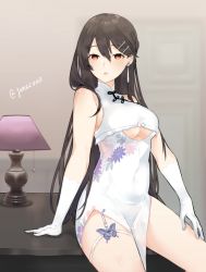 Rule 34 | 1girl, bad id, bad pixiv id, bare shoulders, black hair, blush, breasts, brown eyes, china dress, chinese clothes, clothing cutout, dress, earrings, gloves, hair between eyes, hair ornament, hairclip, haruna (kancolle), jewelry, kantai collection, large breasts, long hair, looking at viewer, neko (ganecooo), parted lips, sidelocks, sitting, sleeveless, sleeveless dress, solo, thighs, twitter username, underboob cutout, white dress, white gloves