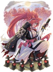 Rule 34 | 1girl, autumn, baiken, black footwear, black jacket, breasts, center opening, drawing sword, eyepatch, facial mark, full moon, glint, guilty gear, highres, holding, holding sword, holding weapon, jacket, japanese clothes, katana, kimono, large breasts, long hair, moon, on one knee, open mouth, petals, pink eyes, ponytail, red hair, red nails, shinomen, solo, statue, sword, tatami, teeth, upper teeth only, weapon, white kimono