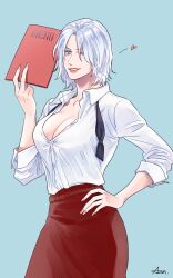 Rule 34 | 1girl, azuma xoxo 9, blue eyes, bow, bowtie, breasts, cleavage, dante (devil may cry), devil may cry (series), devil may cry 5, genderswap, genderswap (mtf), highres, holding, holding menu, large breasts, lipstick, looking at viewer, makeup, mature female, menu, one eye closed, shirt, smile, solo, waiter, waitress, white hair
