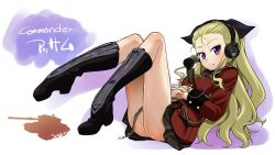 Rule 34 | 1girl, alternate eye color, assam (girls und panzer), black footwear, black ribbon, black skirt, blonde hair, blush, boots, character name, circle name, closed mouth, epaulettes, full body, girls und panzer, hair pulled back, hair ribbon, hands on own stomach, headphones, highres, interlocked fingers, jacket, knee boots, light blush, long hair, long sleeves, lying, microphone, military, military uniform, military vehicle, miniskirt, motor vehicle, on back, own hands together, pleated skirt, purple eyes, r-ex, red jacket, ribbon, simple background, skirt, smile, solo, st. gloriana&#039;s military uniform, tank, translated, uniform, white background