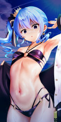 Rule 34 | 1girl, :o, armpits, beret, bikini, black eyes, blue hair, blush, breasts, cleavage, clothes down, collarbone, crown hair ornament, earrings, hair ribbon, hat, highres, hollow eyes, hololive, hoshimachi suisei, jewelry, legs, lens flare, long hair, looking at viewer, mizuno kurage, multi-strapped bikini bottom, narrow waist, navel, necklace, o-ring, o-ring bottom, o-ring top, ocean, open mouth, outdoors, ribbon, side ponytail, sidelocks, small breasts, solo, sparkle, summer, swimsuit, teeth, thighs, upper teeth only, virtual youtuber