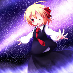 Rule 34 | 1girl, :d, bad id, bad pixiv id, blonde hair, dark495, embodiment of scarlet devil, fang, female focus, hair ribbon, kuroyume (dark495), milky way, necktie, night, night sky, one eye closed, open mouth, outstretched arms, red eyes, red necktie, ribbon, rumia, short hair, sky, smile, solo, spread arms, star (sky), starry sky, touhou