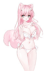 Rule 34 | 1girl, :d, absurdres, animal ear fluff, animal ears, bikini, blush, breasts, cleavage, commentary request, frilled bikini, frills, green eyes, hair between eyes, hands up, highres, large breasts, long hair, looking at viewer, navel, open mouth, original, pink hair, simple background, smile, solo, swimsuit, tail, tandohark, very long hair, white background, white bikini