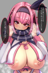 Rule 34 | 1girl, absurdres, blue scarf, blush, braid, breasts, closed mouth, grey background, hair scarf, heart, heart in eye, heavy breathing, highres, huge breasts, looking at viewer, nipples, original, pink hair, plaid, plaid scarf, red eyes, scarf, simple background, smile, solo, symbol in eye, yukito (dreamrider)