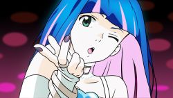 Rule 34 | 10s, 1girl, alternate costume, close-up, colored inner hair, gloves, green eyes, highres, jewelry, lots of jewelry, multicolored hair, nail polish, non-web source, one eye closed, panty &amp; stocking with garterbelt, ring, solo, stocking (psg), v, vector trace, wink