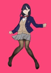 Rule 34 | 1girl, black eyes, black hair, black pantyhose, blazer, blue jacket, bow, bowtie, brown sweater, cardigan, clenched hands, closed mouth, commentary request, dress shirt, emblem, full body, grey skirt, jacket, long hair, long sleeves, looking at viewer, miniskirt, miru tights, nakabeni yua, no shoes, pantyhose, pink background, pleated skirt, red bow, red bowtie, school uniform, shirt, simple background, skirt, smile, solo, standing, sweater, white shirt, wing collar, yomu (sgt epper)