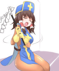 Rule 34 | 1girl, blue hat, blue tabard, bodysuit, breasts, brown hair, closed eyes, commentary request, cosplay, cowboy shot, cross, dragon quest, dragon quest iii, frilled hair tubes, frills, gloves, gohei, hair tubes, hakurei reimu, hat, highres, holding, holding gohei, medium breasts, medium hair, mitre, motion lines, open mouth, orange bodysuit, priest (dq3), priest (dq3) (cosplay), shiny clothes, sitting, solo, swinging, tabard, teeth, touhou, upper teeth only, vanishingknife, yellow gloves