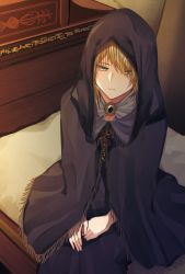 Rule 34 | 1girl, black cloak, black dress, blonde hair, brooch, cloak, closed mouth, commentary, dress, elden ring, expressionless, fia the deathbed companion, green eyes, half-closed eyes, highres, hood, hood up, hooded cloak, indoors, jewelry, katsuobushi (eba games), looking at viewer, on bed, short hair, sitting, solo