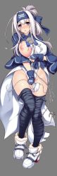 Rule 34 | 10s, 1girl, absurdres, ainu clothes, bad id, bad twitter id, bandaged leg, bandages, bandana, black thighhighs, blue gloves, breasts, chain, fingerless gloves, folded ponytail, full body, gloves, grey background, hair between eyes, headband, highres, kamoi (kancolle), kantai collection, large breasts, long hair, looking at viewer, nipples, one breast out, ouma tokiichi, shoes, sidelocks, simple background, solo, thighhighs, untied, white footwear, white hair, wide sleeves