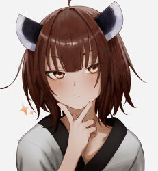 Rule 34 | 1girl, :/, absurdres, ahoge, blush, brown hair, closed mouth, half-closed eyes, hand on own chin, hand up, headgear, highres, japanese clothes, kimono, looking at viewer, medium hair, portrait, red eyes, simple background, solo, sparkle, touhoku kiritan, tsurime, v, v-shaped eyebrows, vang 09, voiceroid, white background, white kimono