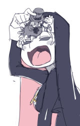 Rule 34 | 184nx, 2girls, blush stickers, double (skullgirls), closed eyes, gloves, grabbing, hat, multiple girls, nun, open mouth, peacock (skullgirls), size difference, skullgirls, top hat, white background