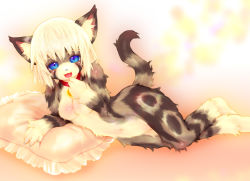 Rule 34 | blonde hair, blue eyes, blush, breasts, cat, claws, collar, furry, jewelry, looking at viewer, navel, necklace, pillow, smile, tagme, tail, tashiro yuu