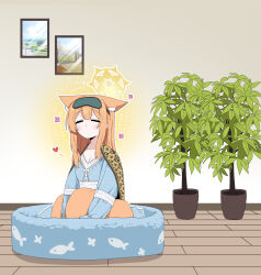 1girl absurdres animal_ears b.t._(boob_tong) blonde_hair blue_archive blue_eyes blush cat_ears cat_girl closed_eyes commentary happy_aura highres holding holding_pillow long_hair mari_(blue_archive) pillow plant potted_plant sidelocks sleep_mask sleepwear solo symbol-only_commentary