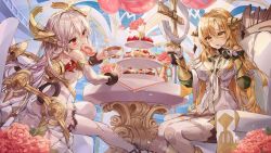 Rule 34 | 2girls, alchemy stars, balloon, bare shoulders, bird, blonde hair, cup, doughnut, fire, flower, food, food in mouth, fork, fruit, gloves, hair between eyes, halo, highres, irridon (alchemy stars), long hair, lujang (fudge), multiple girls, official art, open mouth, pastry, pinky out, red eyes, sitting, sky, staff, strawberry, table, teacup, thighhighs, uriel (alchemy stars), vambraces, white gloves, white hair, white legwear, yellow eyes