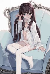 Rule 34 | 1girl, bra, breasts, brown hair, chair, elisia valfelto, grey eyes, hair intakes, highres, holding, holding own hair, lingerie, long hair, looking at viewer, luicent, navel, no pants, no shoes, open clothes, open shirt, original, panties, shirt, sitting, small breasts, solo, thighhighs, underwear, white bra, white panties, white shirt, white thighhighs