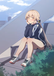 Rule 34 | 1girl, bare legs, blue archive, cloud, hair flaps, halo, hifumi (blue archive), highres, huan (hao7551789), jersey, light brown hair, long hair, looking at viewer, low twintails, plant, shoes, short shorts, shorts, sitting, sitting on stairs, sky, sneakers, solo, sportswear, stairs, thighs, twintails, yellow eyes
