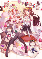 Rule 34 | 10s, 4girls, absurdres, ahoge, black hair, boots, brown eyes, brown hair, cake, checkerboard cookie, cookie, cup, cupcake, custard, doughnut, food, fruit, glasses, hairband, haruna (kancolle), heart cake, hiei (kancolle), highres, in food, jam filled cookie, japanese clothes, kantai collection, kirishima (kancolle), kongou (kancolle), layer cake, long hair, macaron, multiple girls, nontraditional miko, one eye closed, open mouth, pudding, purple eyes, short hair, skirt, smile, strawberry, sugar cube, teacup, teapot, thigh boots, thighhighs, thumbprint cookie, tiered serving stand, tiered tray, xinghuo, zettai ryouiki