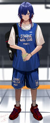 Rule 34 | 1girl, :t, absurdres, backpack, bag, basketball jersey, basketball uniform, black bag, blue eyes, blue hair, blue shirt, blue shorts, blurry, bottle, character name, colored inner hair, commentary request, depth of field, eating, food, hair between eyes, highres, holding, holding food, indoors, isshiki (ffmania7), kamitsubaki studio, long hair, multicolored eyes, multicolored hair, red footwear, red hair, rim (kamitsubaki studio), shirt, shoes, short sleeves, shorts, signature, sneakers, socks, solo, sportswear, tile floor, tiles, virtual youtuber, water bottle, white socks, yellow pupils