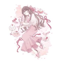 Rule 34 | 1girl, bow, bracelet, branch, brown hair, cake, cake slice, candy, cherry blossoms, closed mouth, dot mouth, dress, flower, food, fork, fruit, full body, hair bow, half updo, highleg, highres, hobble dress, holding, holding branch, jewelry, light blush, long hair, lying, macaron, on side, original, petals, pink bow, pink dress, pink flower, pink footwear, pink nails, pink ribbon, pink theme, plate, ppptms, puffy sleeves, ribbon, ring, short bangs, shrug (clothing), sleeves past elbows, solo, strawberry, whipped cream, white background, white sleeves, wrapped candy