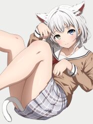 Rule 34 | 1girl, :3, animal ear fluff, animal ears, arm up, bang dream!, bang dream! it&#039;s mygo!!!!!, blue eyes, blush, brown shirt, cat ears, cat girl, cat tail, closed mouth, collarbone, feet out of frame, grey background, grey skirt, hanasakigawa school uniform, hand up, heterochromia, highres, kaname raana, kemonomimi mode, leaning back, legs up, long sleeves, looking at viewer, medium hair, miniskirt, neck ribbon, noshimurin, paw pose, plaid, plaid skirt, pleated skirt, red ribbon, ribbon, sailor collar, school uniform, serafuku, shirt, simple background, sitting, skirt, smile, solo, tail, tail censor, white hair, white sailor collar, yellow eyes