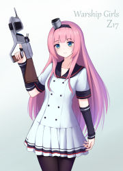 Rule 34 | 1girl, absurdres, arm up, arm warmers, black pantyhose, blue eyes, buttons, character name, cowboy shot, dress, drone (9614002), eyebrows, gradient background, gun, hairband, highres, holding, holding gun, holding weapon, index finger raised, long hair, pantyhose, pink hair, pleated dress, sailor collar, short sleeves, smile, solo, warship girls r, weapon, white dress, z17 diether von roeder (zhan jian shao nyu)
