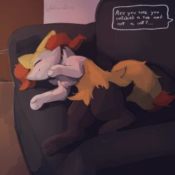 Rule 34 | animal ears, bad id, bad twitter id, braixen, closed eyes, closed mouth, couch, creatures (company), dadiemadame, english text, fox ears, fox tail, furry, game freak, gen 6 pokemon, lying, nintendo, pokemon, pokemon (creature), smile, tail