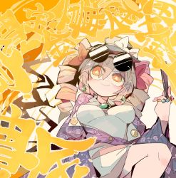 Rule 34 | 1girl, black hat, bow, breasts, closed mouth, coat, dress, drill hair, earrings, eyewear on head, hair between eyes, hair ribbon, hat, hat bow, highres, holding, jewelry, long hair, long sleeves, looking up, massakasama, mini hat, mini top hat, orange eyes, orange hair, pendant, purple coat, red ribbon, ribbon, ring, round eyewear, smile, solo, sunglasses, symbol-shaped pupils, top hat, touhou, triangle-shaped pupils, twin drills, white bow, white dress, wide sleeves, yorigami jo&#039;on