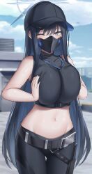 Rule 34 | 1girl, absurdres, bare arms, bare shoulders, baseball cap, belt, black hair, black hat, black pants, blue archive, blue eyes, blush, breasts, breasts squeezed together, cowboy shot, crop top, day, gluteal fold, halo, hat, highres, large breasts, long hair, looking at viewer, navel, one eye closed, outdoors, pants, rooftop, saori (blue archive), shengtian, sleeveless, solo, stomach, thigh gap, very long hair