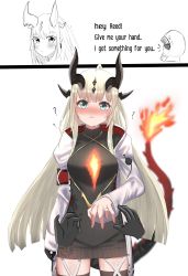 Rule 34 | 1girl, 1other, absurdres, arknights, black dress, black thighhighs, blue eyes, blush, chewycandy, commentary, cowboy shot, disembodied hand, doctor (arknights), dragon horns, dress, flame-tipped tail, highres, horns, jacket, jewelry, long hair, long sleeves, looking at viewer, nose blush, open clothes, open jacket, parted lips, reed (arknights), ribbed dress, ring, silver hair, simple background, standing, sweater, sweater dress, thighhighs, very long hair, white background, white jacket, zettai ryouiki
