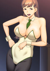 Rule 34 | 1girl, absurdres, alternate costume, arm support, bare shoulders, between breasts, blush, breasts, brown eyes, brown hair, cleavage, cowboy shot, detached collar, dyun, hand on own hip, highres, kantai collection, large breasts, leotard, long hair, looking at viewer, necktie, necktie between breasts, ooi (kancolle), open mouth, pantyhose, playboy bunny, solo, standing, strapless, strapless leotard