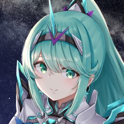 Rule 34 | 1girl, chest jewel, closed mouth, green eyes, green hair, highres, light blush, long hair, looking at viewer, night, night sky, pneuma (xenoblade), ponytail, portrait, sarasadou dan, sky, smile, solo, spoilers, star (sky), starry sky, swept bangs, tiara, xenoblade chronicles (series), xenoblade chronicles 2