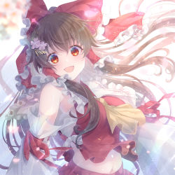 Rule 34 | 1girl, :d, ascot, bandages, bare shoulders, bloom, bow, breasts, brown hair, detached sleeves, floating hair, flower, frilled bow, frilled shirt collar, frills, hair bow, hair flower, hair ornament, hair tubes, hakurei reimu, highres, light particles, long hair, looking at viewer, medium breasts, midriff, navel, official art, open mouth, petals, red bow, red eyes, ribbon-trimmed sleeves, ribbon trim, sarashi, shirt, sleeveless, smile, solo, soukuu kizuna, sparkle, touhou, upper body, wide sleeves, wind, wind lift, yellow ascot