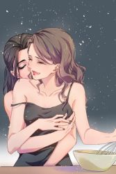 Rule 34 | 2girls, :d, ^ ^, black hair, bowl, brown hair, closed eyes, collarbone, commentary, closed eyes, hug, hug from behind, long hair, lunorafc, multiple girls, open mouth, person of interest, root (person of interest), sameen shaw (person of interest), smile, whisk, yuri