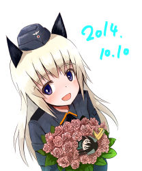 Rule 34 | 1girl, 2014, :d, animal ears, bad id, bad pixiv id, birthday, black ribbon, blonde hair, blush, bouquet, brown hair, cat ears, catocala, character doll, dated, dog ears, flower, fox ears, garrison cap, gertrud barkhorn, hat, helma lennartz, holding, leaf, long hair, long sleeves, military, military uniform, open mouth, pink flower, pink rose, purple eyes, ribbon, rose, simple background, smile, solid circle eyes, solo, strike witches, strike witches: suomus misfits squadron, twintails, uniform, white background, world witches series