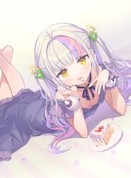 Rule 34 | 1girl, barefoot, blush, breasts, cake, cake slice, crossed legs, dress, dutch angle, food, foot out of frame, fork, hair ornament, highres, holding, holding fork, hololive, long hair, looking at viewer, lying, multicolored hair, murasaki shion, murasaki shion (magical girl maid), on stomach, pink hair, plate, purple dress, purple hair, simple background, sleeves past wrists, small breasts, solo, streaked hair, tam-u, the pose, twintails, utensil in mouth, virtual youtuber, white background, white hair, yellow eyes