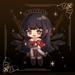 Rule 34 | 1girl, :d, arknights, black footwear, black hair, black wings, boots, bow, brown background, brown eyes, brown skirt, capelet, chibi, cross-laced footwear, detached wings, duduqiu58136, full body, highres, holding, lace-up boots, long hair, long sleeves, open mouth, pleated skirt, red bow, red capelet, shirt, skirt, smile, solo, striped bow, very long hair, virtuosa (arknights), white shirt, wings