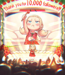 Rule 34 | 1girl, :&lt;, blonde hair, blue eyes, cake, child, chromatic aberration, crowd, dress, food, fork, fruit, hand up, highres, kozato (yu kozato), low twintails, original, polka dot, red dress, short twintails, sleeveless, solo focus, stage, stage lights, strawberry, strawberry shortcake, thank you, twintails