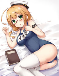 Rule 34 | 10s, 1girl, ass, blonde hair, book, glasses, gradient background, green eyes, hat, highres, i-8 (kancolle), kantai collection, long hair, lying, on side, one-piece swimsuit, open mouth, school swimsuit, solo, suna (transports), swimsuit, twintails