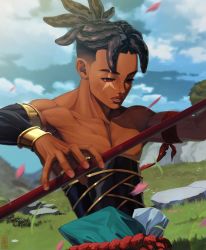 Rule 34 | 1boy, abs, absurdres, arm wrap, biceps, black hair, blurry, blurry background, cloud, cloudy sky, commentary, dark-skinned male, dark skin, day, dreadlocks, english commentary, eyebrow cut, grass, highres, lips, looking at object, looking away, male focus, nipples, original, parted lips, polearm, red eyes, rock, scar, scar across eye, sky, soberpen, solo, toned, toned male, upper body, veins, very dark skin, weapon