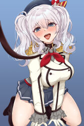 Rule 34 | 1girl, ahegao, blue eyes, blush, breasts, chamumi (mochiumee), collar, epaulettes, full body, gloves, highres, jacket, kantai collection, kashima (kancolle), kneehighs, large breasts, leash, looking at viewer, military jacket, miniskirt, neckerchief, open mouth, red neckerchief, rope, sidelocks, skirt, socks, solo, tongue, tongue out, white gloves, white hair