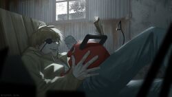 Rule 34 | 1boy, 1other, blonde hair, chainsaw, chainsaw man, commentary request, day, denim, denji (chainsaw man), eyepatch, feet out of frame, highres, holding, indoors, jacket, jeans, knee up, long sleeves, looking at another, lying, male focus, nose, open clothes, open jacket, open mouth, pants, pochita (chainsaw man), sharp teeth, short hair, smile, teeth, twitter username, window, yellow jacket, yorha 2b2e