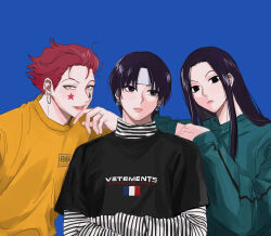 Rule 34 | 3boys, alternate costume, b luna14, black eyes, black hair, blue background, chrollo lucilfer, commentary, earrings, highres, hisoka morow, hunter x hunter, illumi zoldyck, jewelry, leaning on person, lipstick, long hair, looking at viewer, looking to the side, makeup, male focus, multiple boys, red hair, ring, short hair, simple background, symbol-only commentary, yellow eyes