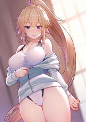 Rule 34 | 1girl, bare shoulders, blonde hair, blue eyes, blurry, blurry background, breasts, closed mouth, collarbone, commentary request, fate/grand order, fate (series), high ponytail, indoors, jacket, jeanne d&#039;arc (fate), jeanne d&#039;arc (ruler) (fate), jeanne d&#039;arc (swimsuit archer) (fate), jeanne d&#039;arc (swimsuit archer) (second ascension) (fate), kibanda gohan, large breasts, lips, long hair, long sleeves, looking at viewer, off shoulder, one-piece swimsuit, ponytail, shiny skin, smile, solo, swimsuit, thighs, track jacket, very long hair, zipper, zipper pull tab